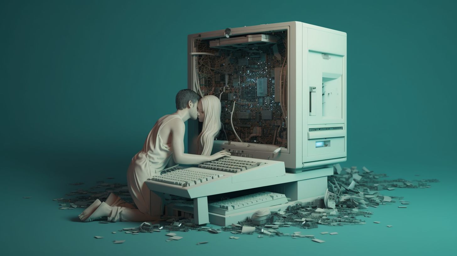 AI-generated illustration of a couple kissing in front of an open vintage computer